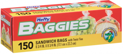 Hefty Baggies Food Storage Bags, Sandwich, Twist Tie, 150 Count, Size: One Size
